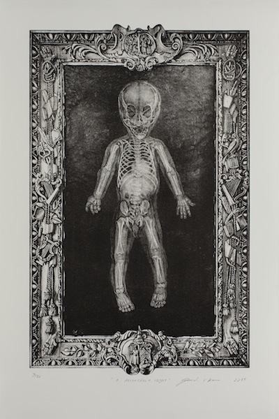 David O´Kane: A Melancholy Object, 2017, 
manière noire lithograph, motif size 32 x 21.5 cm, paper size 56 x 38 cm, 
edition 3 of 10. From the series A Modest Proposal. 
Inspired by Jonathan Swift.

